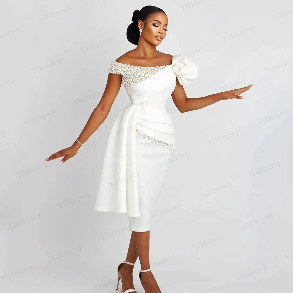 Vestidos de casamento curtos 2025 para noivas pérolas frisado fora do ombro na altura do joelho vestido de noiva africano personalizado
