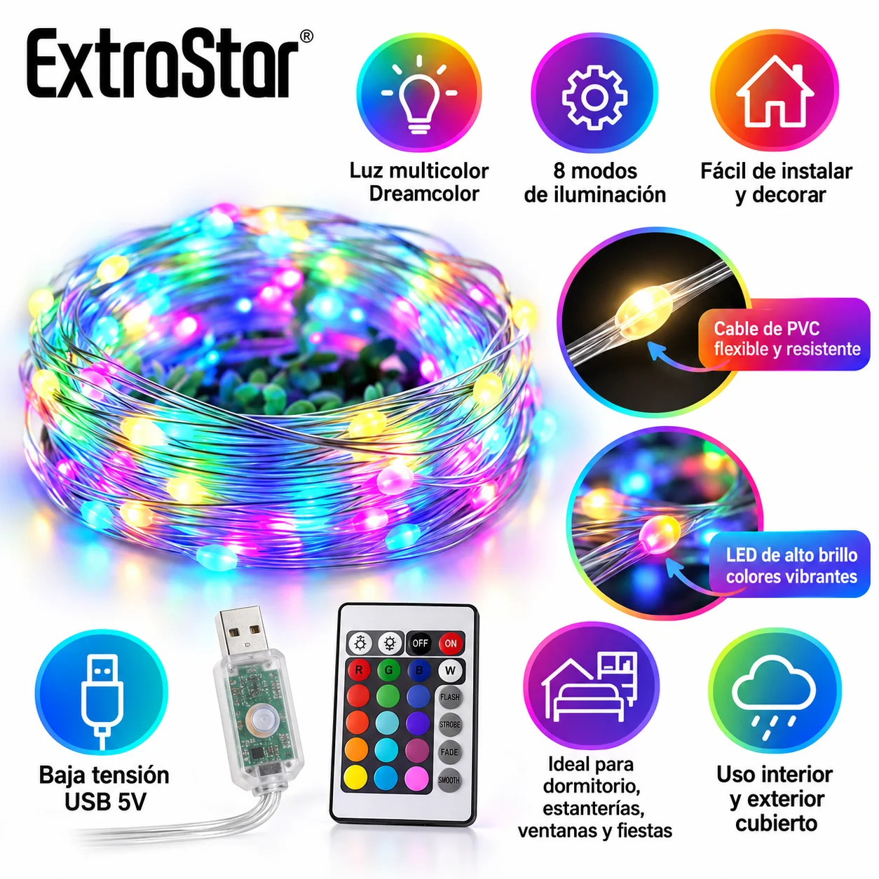 Extrastar-PVC RGB Dreamcolor LED-strip met USB 5V, Bluetooth-appbediening en afstandsbediening, 8 lichtmodi, IP65, verkrijgbaar in lengtes van 5m en 10m.