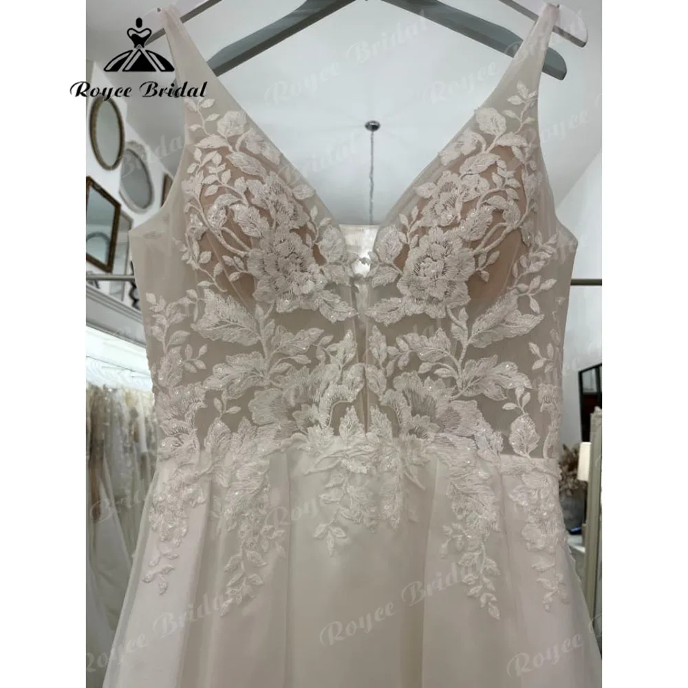 Plunging Lace Appliques Boho Beach Customized Wedding Dress with V Neck 2025 Sleeveless Bridal Gown Women vestido de novia play