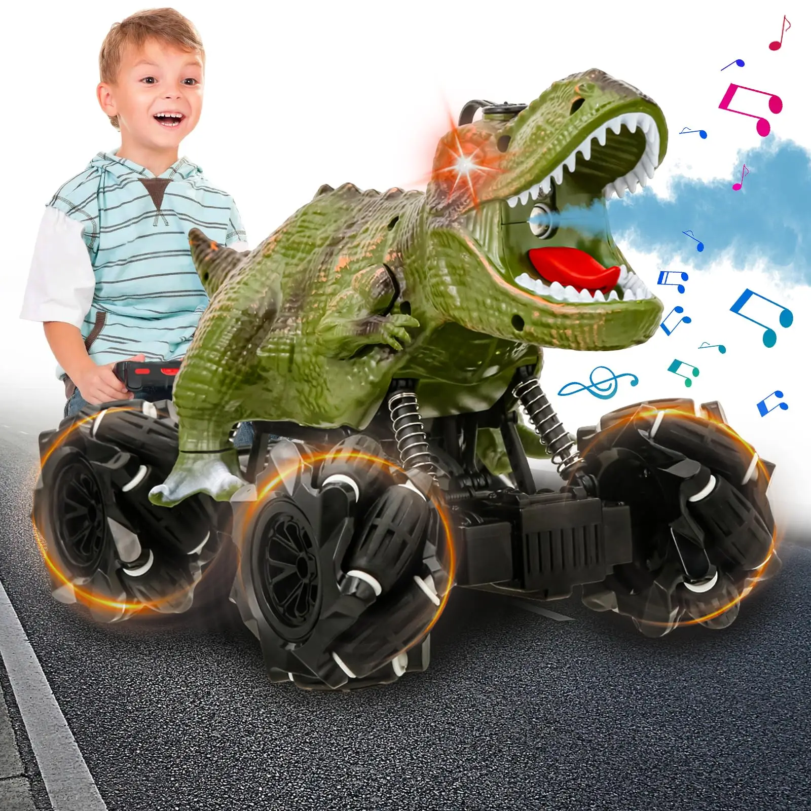

Dinosaur Rc Car With Dual Battery, Dinosaur Monster Trucks For Boys With Music Light SprayMist.Dinosaur Toys For Kids, Birthday