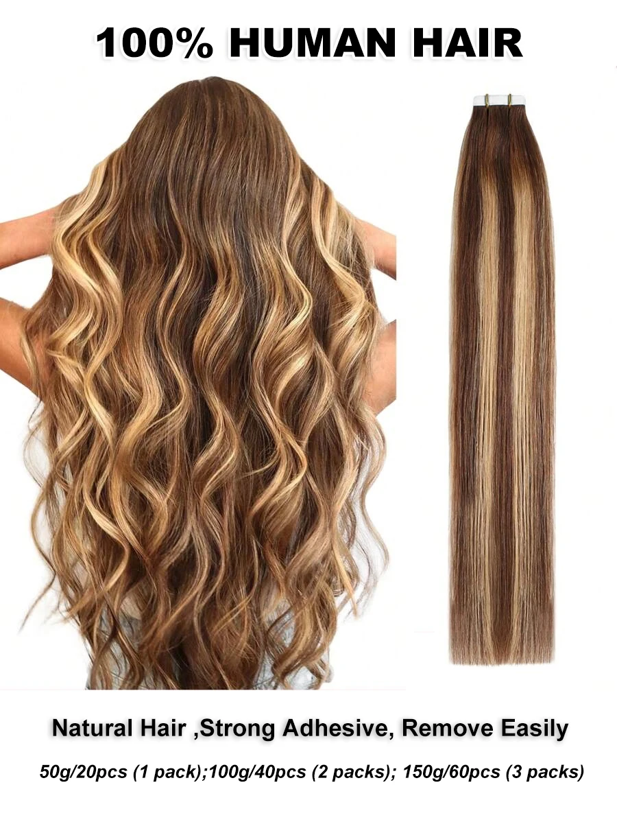 Highlight #4/27 Straight Tape In Hair Extensions Skin Weft Invisiable PU Seamless Ombre  100% Unprocessed Human Hair Extensions