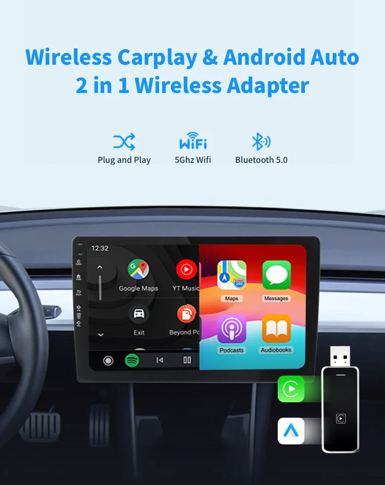 

2в1 Bluetooth беспроводной адаптер Carplay и Android Auto Smart Box для телефона iPhone Samsung в автомобиле