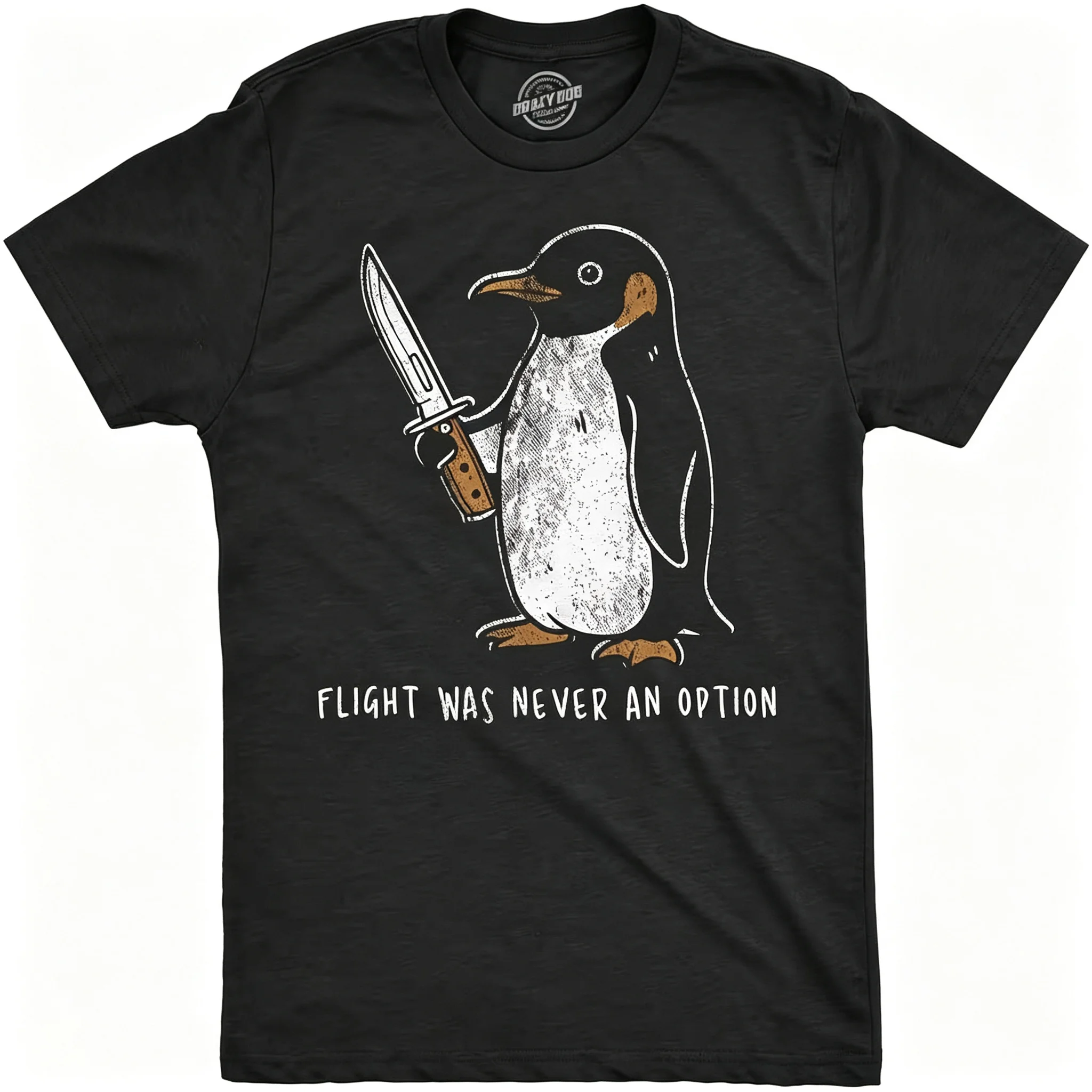 Flight Was Never An Option Graphic T‑Shirt, Funny Penguin Holding Knife Vintage Distressed Print Tee, Hilarious Sarcastic Animal Casual Short Sleeve T‑Shirt