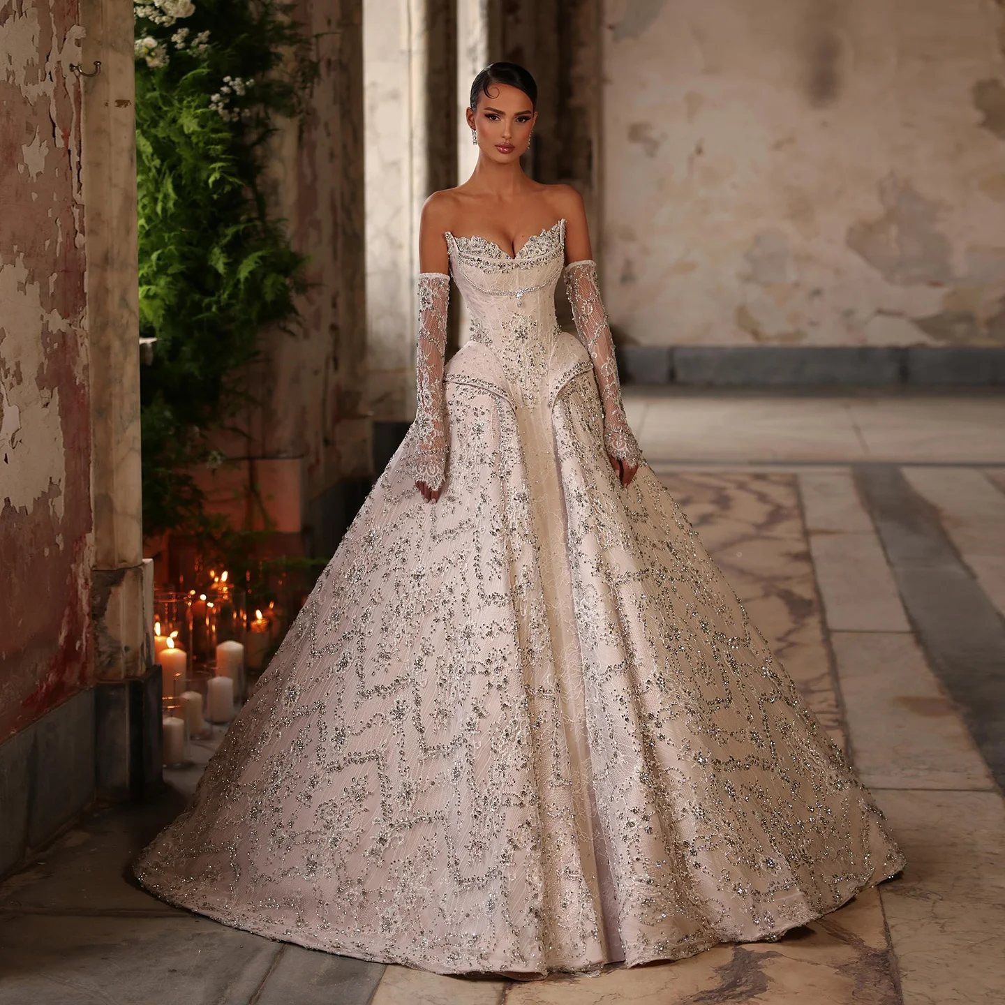 Sharon Said White Ball Gown Wedding Dress With Gloves Luxury Beaded Tiered Chapel Train Bride Gowns 2026 SW019 Customized