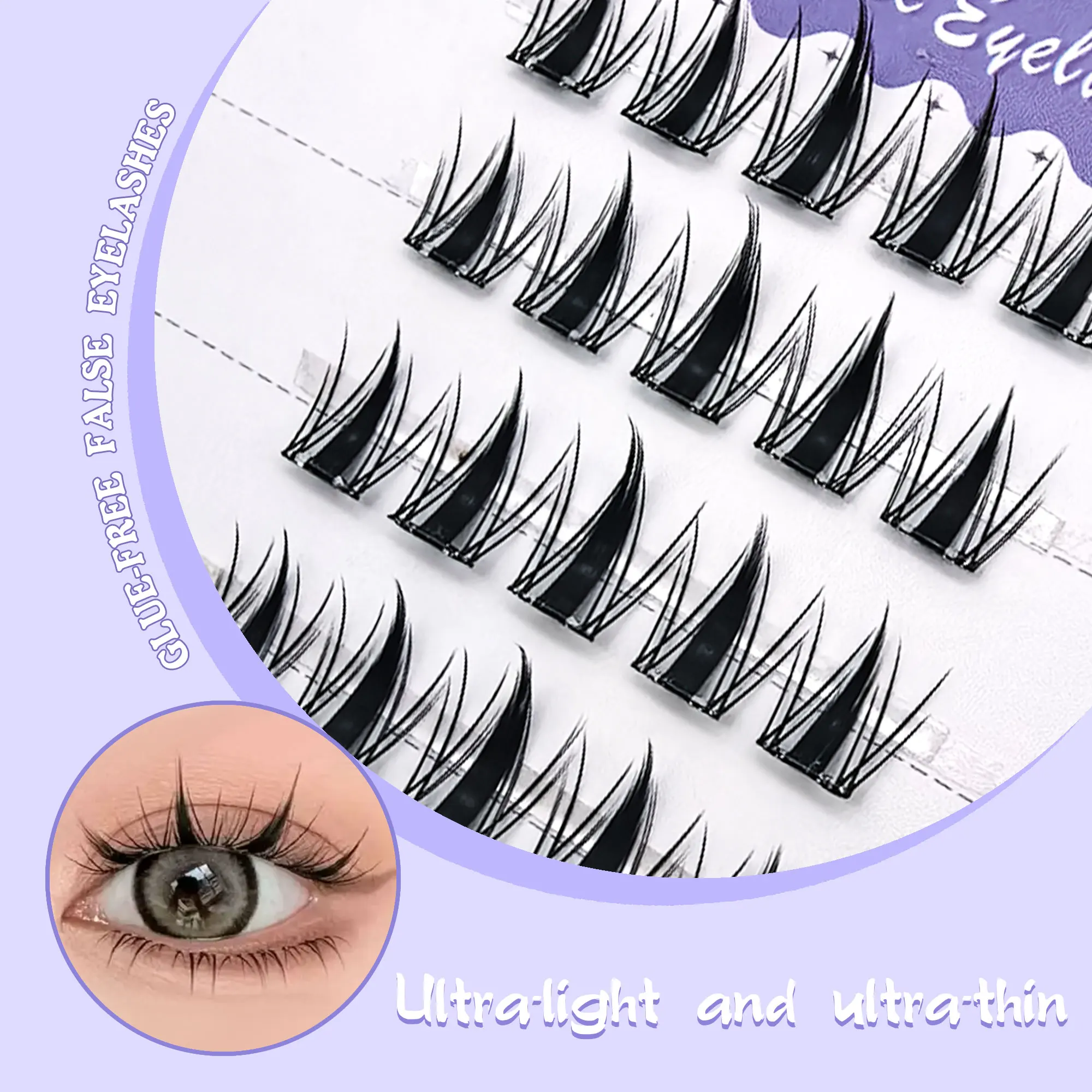 6/10 rijen komische lijmvrije valse wimpers, ultralicht en dun, natuurlijk, met zwarte stengels, voor dagelijks gebruik