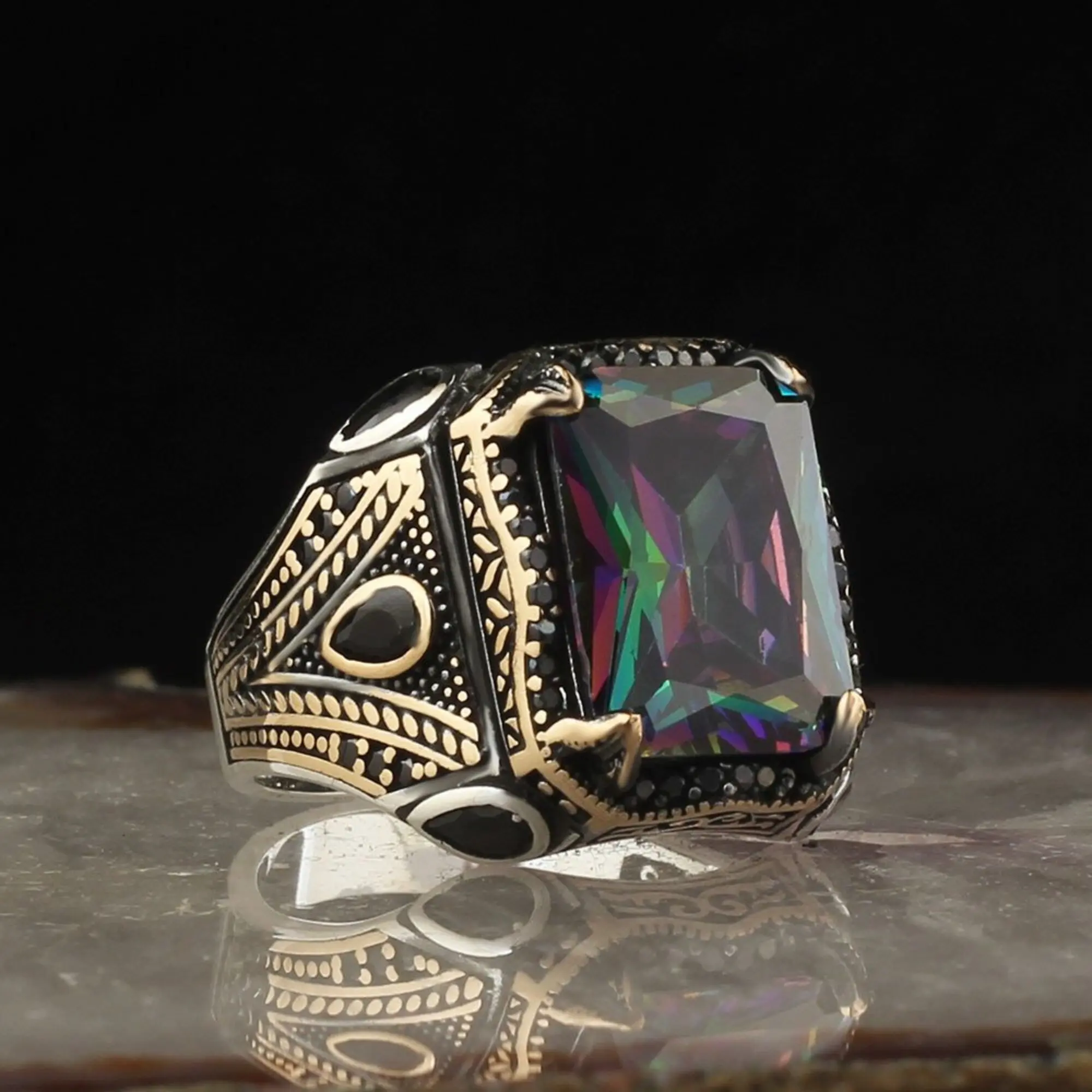 

Vintage Men's Ring Turkish 925 Sterling Silver Handmade Jewelry With Mystic Topaz Stone