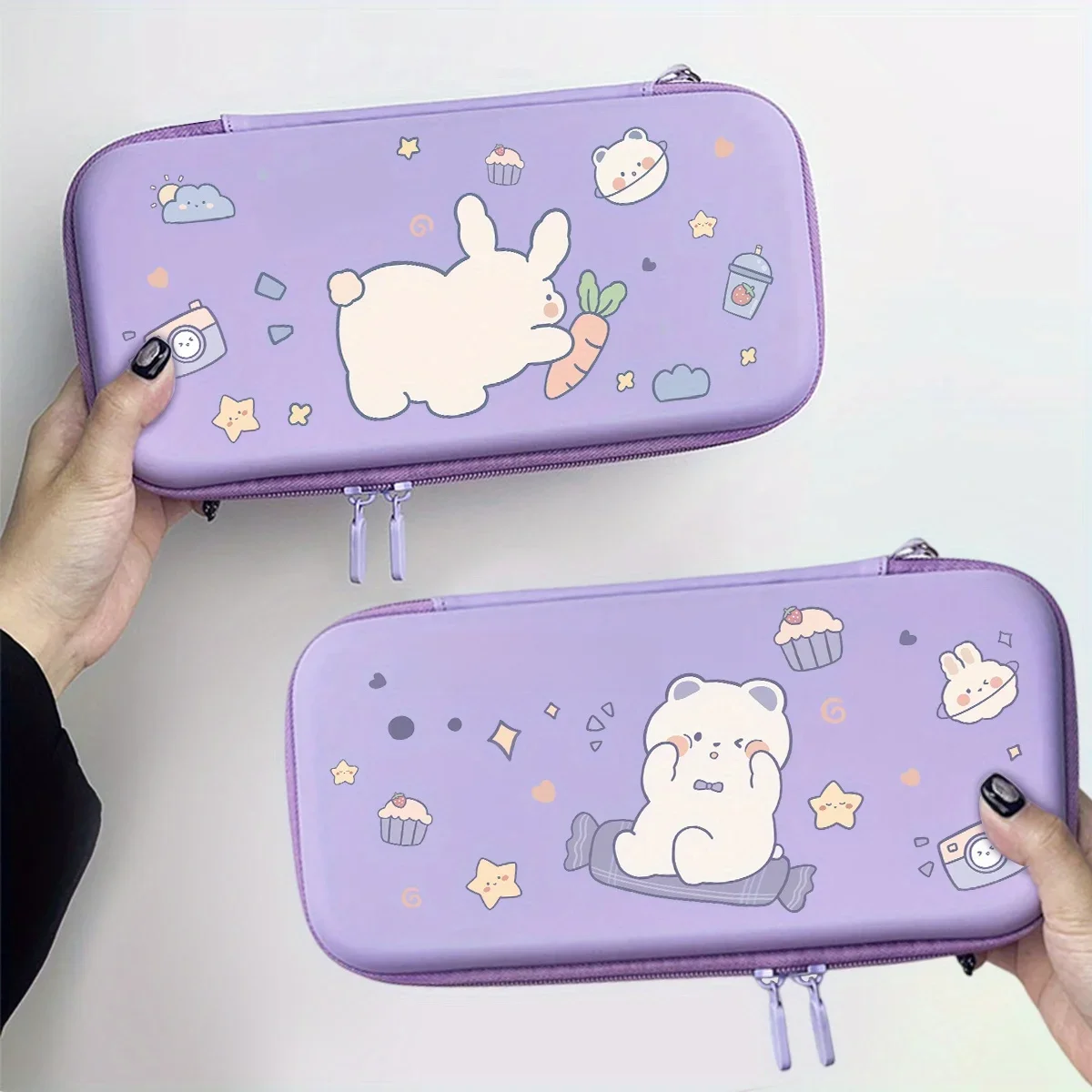 Sac de voyage portable Nintendo Switch, violet, ours mignon et lapin, poche en filet, dessin animé, machine de jeu, étui de protection