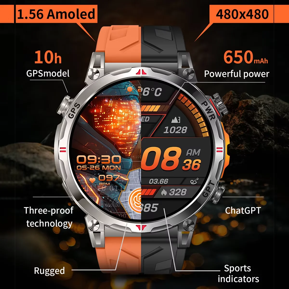 VWAR T-Rex 3 Ultra Military GPS Smart Watch Built-in Dual-Band GNSS Compass 1.56inch AMOLED 10ATM Waterproof Swim SmartWatch Men
