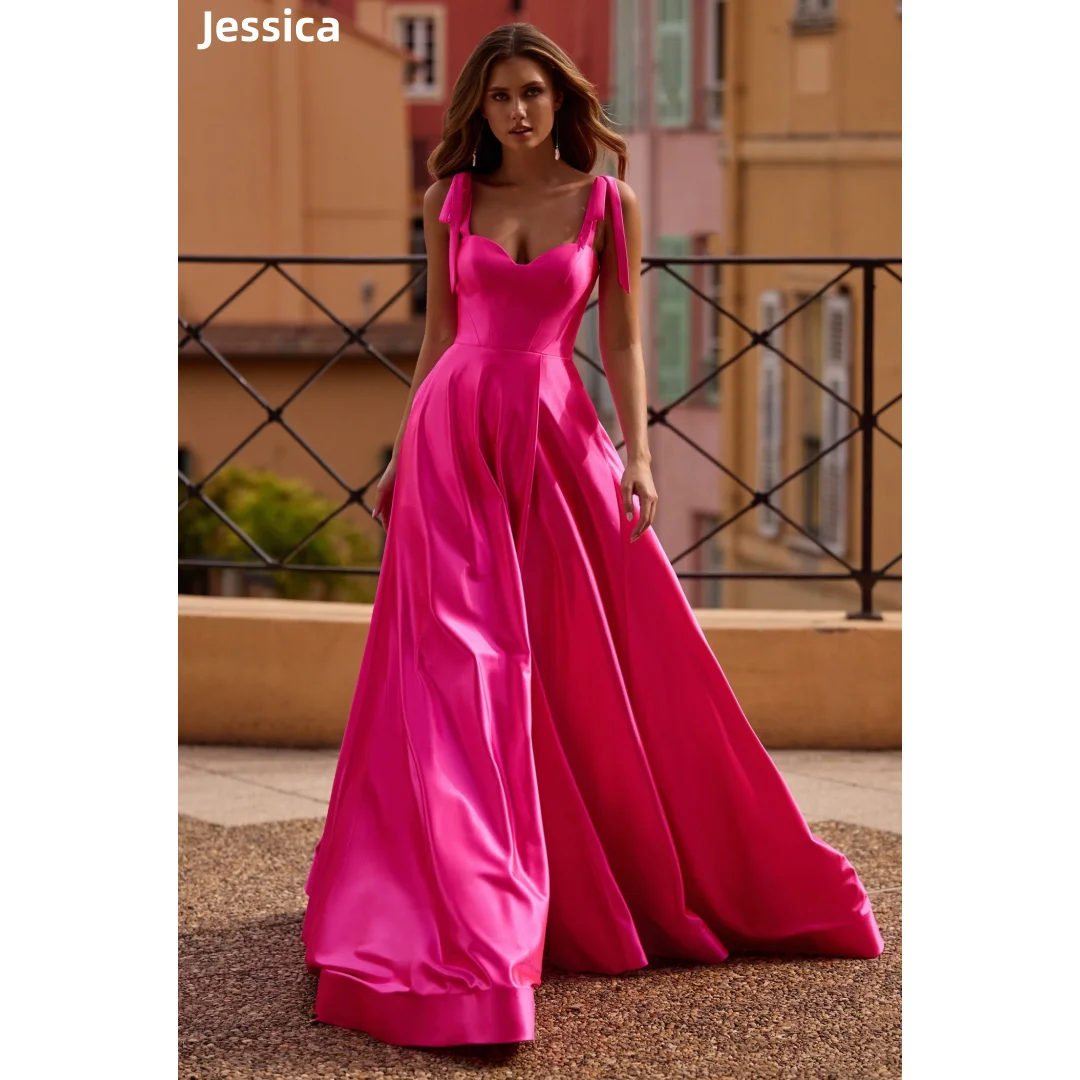 

Jessica Hot Pink Evening Dresses Satin Mopping Luxury PromDresses Spaghetti Straps Formal Occasions Vestidos De FiestaCustomized
