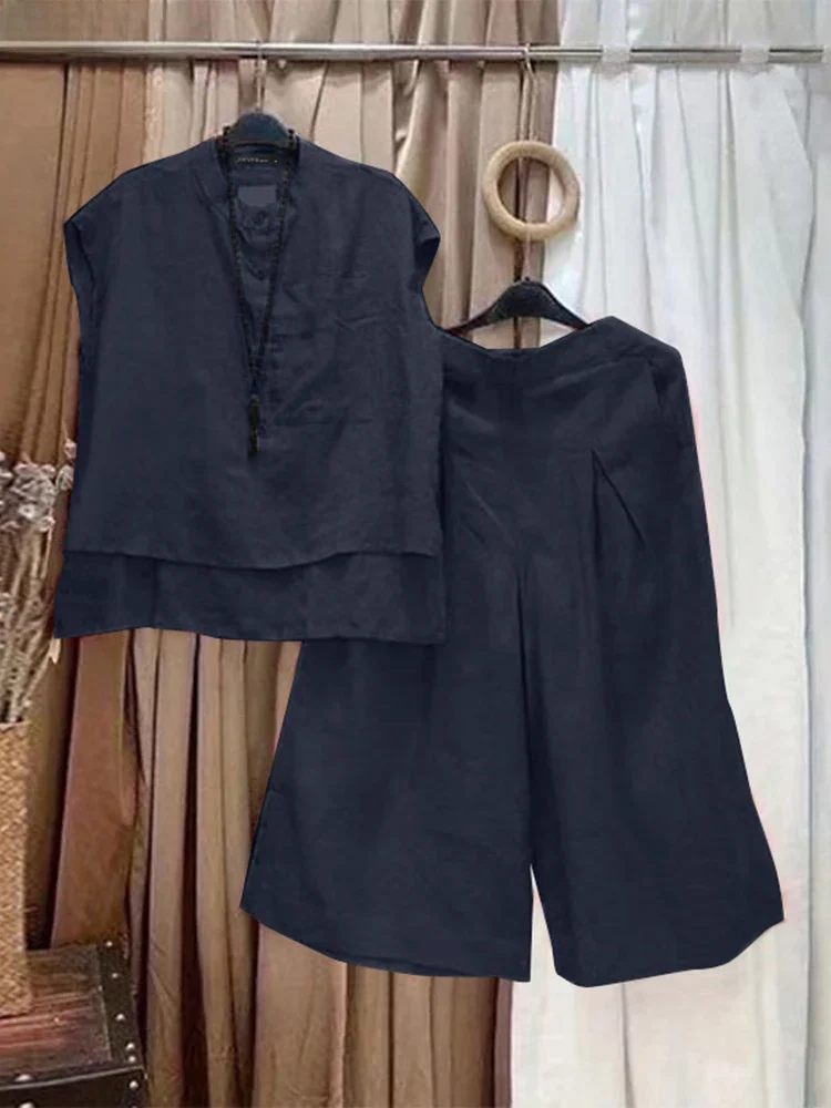 Mode ärmellose Bluse weites Bein Hosen Anzüge Zanzea Vintage Sommer hose Sets zweiteilige Sets Damen