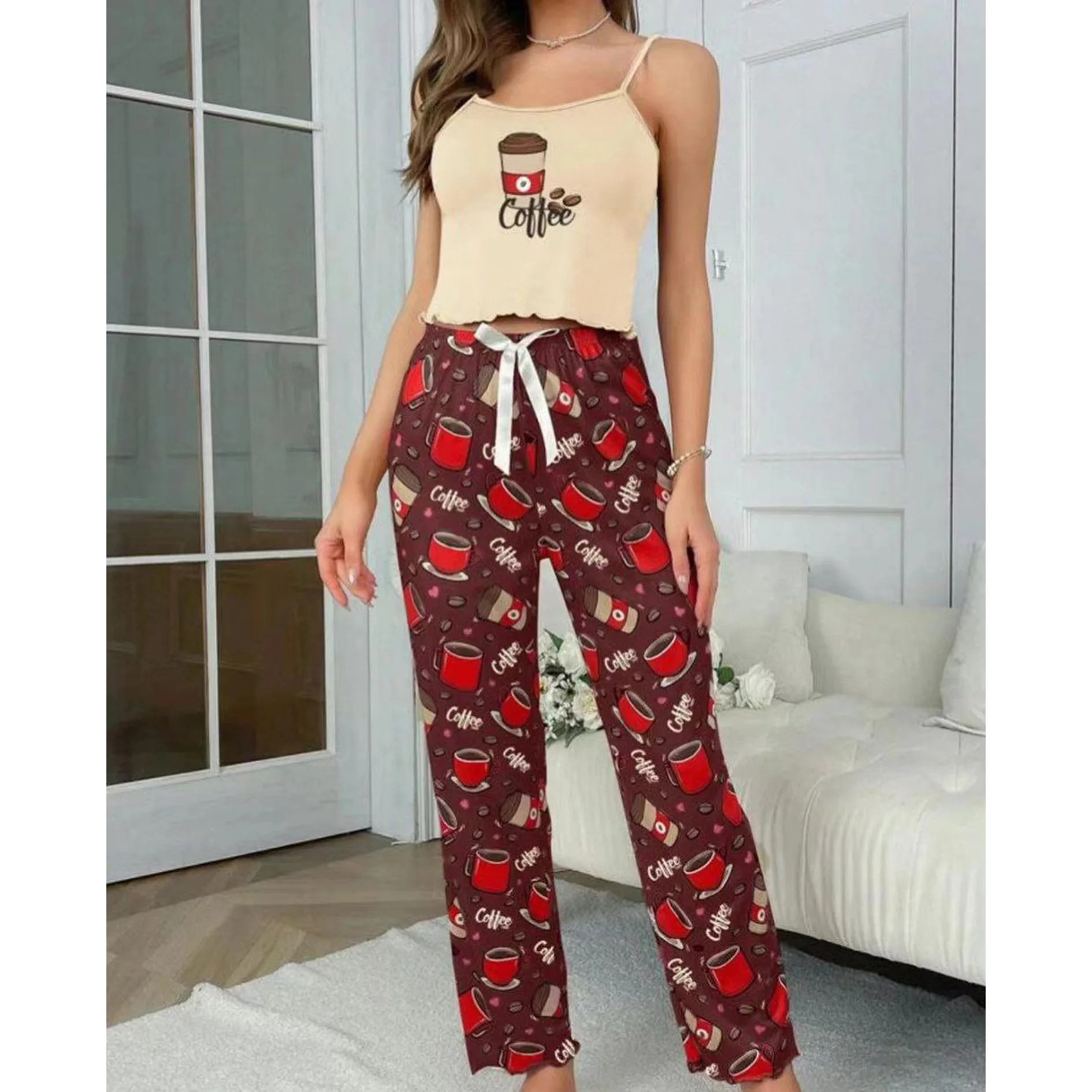 Women\'s Pajamas Printed Suspenders Twisted Hem Long Pants Two-Piece Set Comfortable Home Casual Sexy Home Clothes