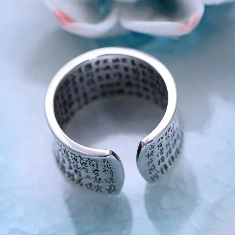 KJJEAXCMY Boutique Jewelry 999 Pure Silver Personalized Retro Men and Women Buddha's Six Character Scripture Peace Ring Gift