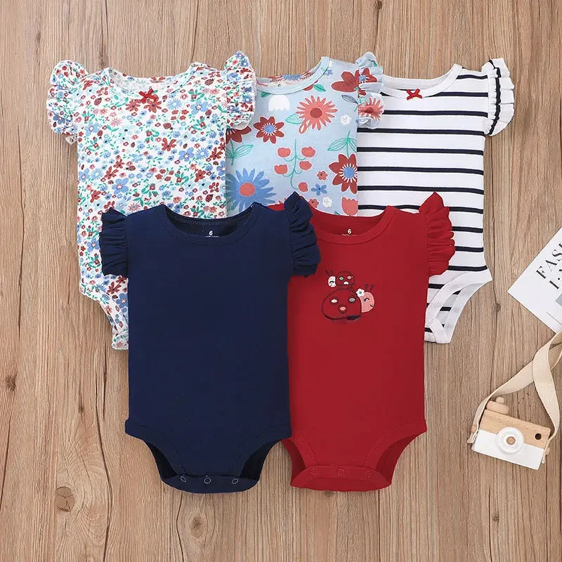 5 sztuk/partia nowe mody noworodka kreskówka z krótkim rękawem Baby Boy Girl body miękkie 100% bawełna niemowlę Bebe ubrania 0-24M — zdjęcie 2