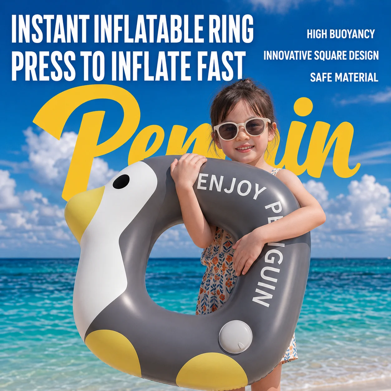 1PC Duck Penguin Shape Inflatable Swim Ring with Built-in Pump, Anti-Leak Stable Pool Float, Quick Inflate Water Floating Ring