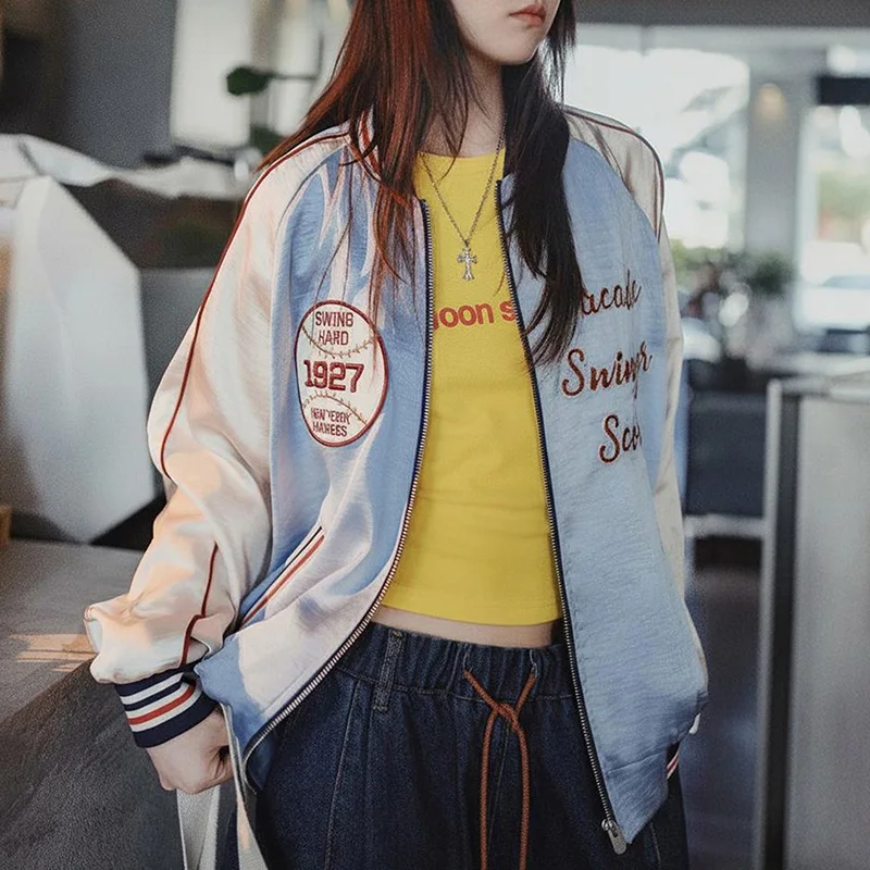 

Maden Women Baseball Varsity Jacket Satin Embroidered Female Overcoat Short Retro Outerwear Light Blue Korea fashion Coat