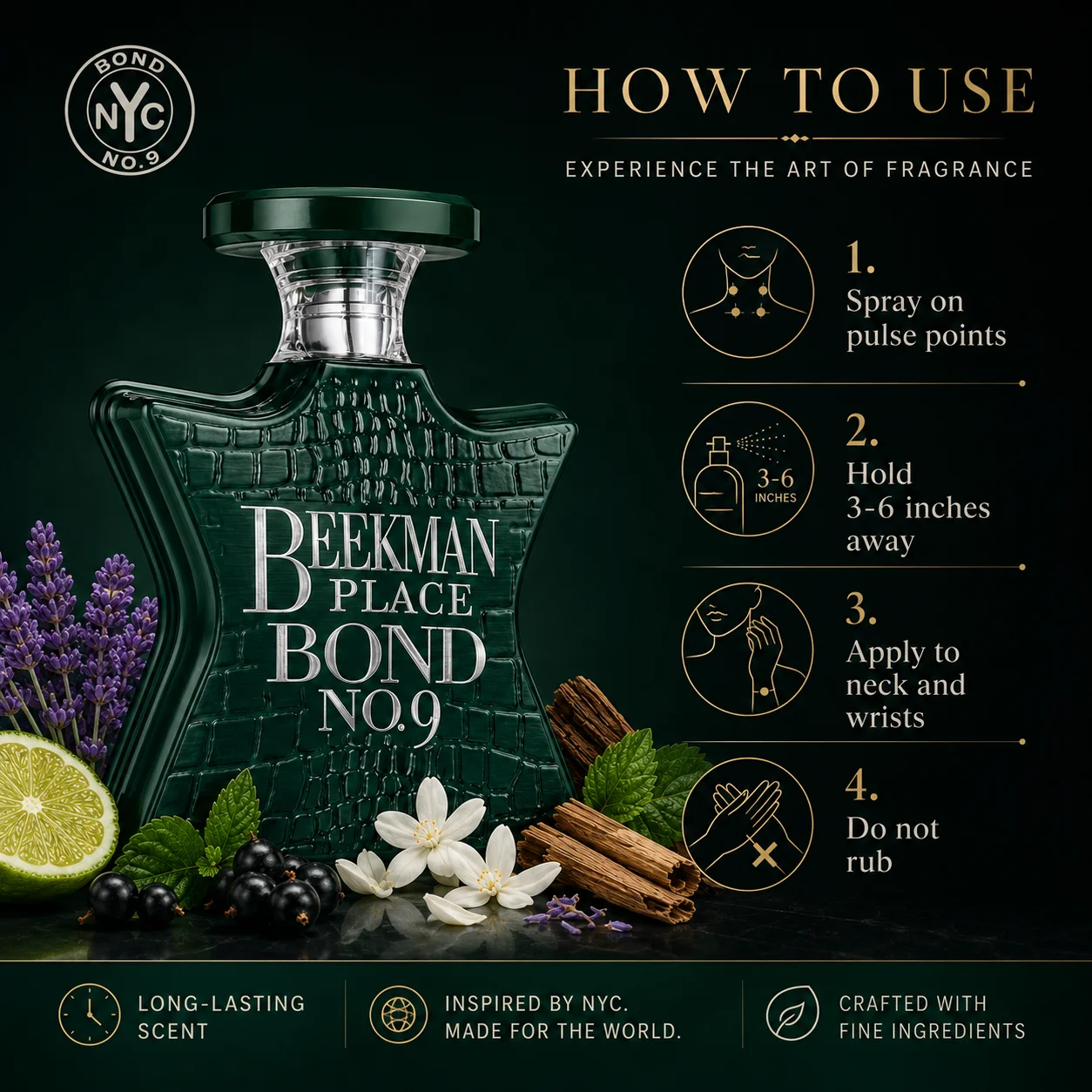 Bond No.9 Beekman Place Eau De Parfum 100ml for Men Long Lasting Luxury Niche Perfume Spray Fresh Citrus Lavender Blackcurrant Jasmine Woody Amber Musk Daily Wear Travel Gift view 5