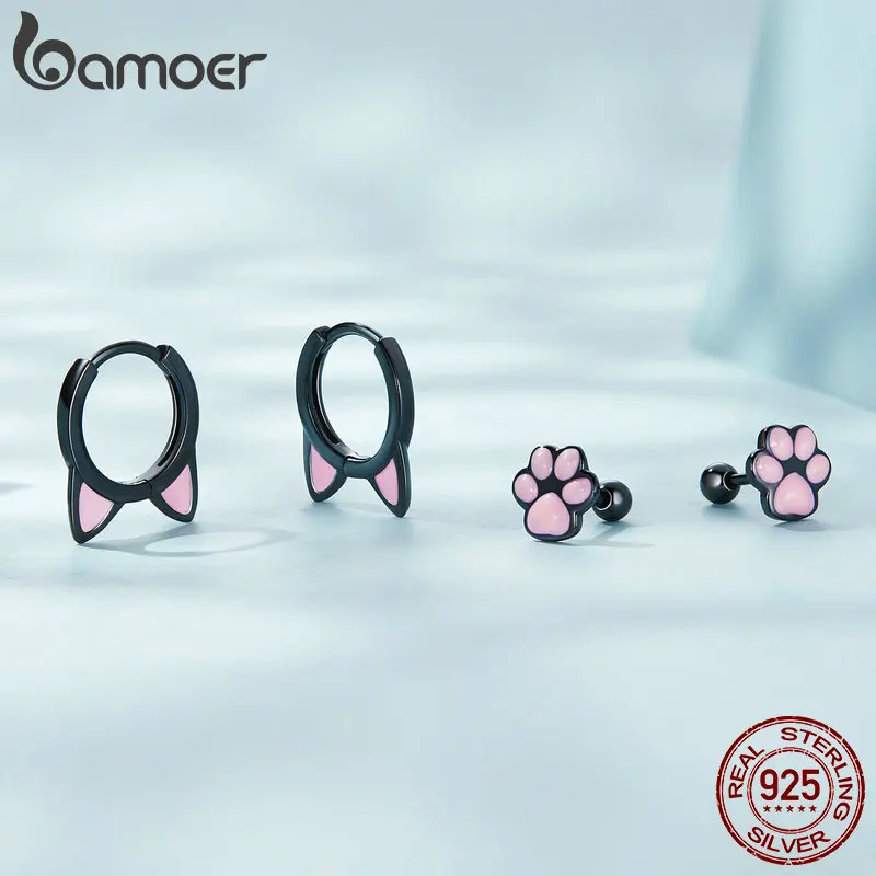 Bamoer S925 Sterling Silver Black cat\'s Claw Stud Earrings Cute Pink Cat\'s Ear Ear Buckle For Women Fine Jewelry Gift For Girl