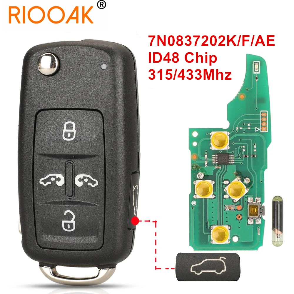 7N0837202K/F/AE Remote Key 315/433mhz Transporter ID48 NON-KEYLESSGO Chip For VW Sharan Multivan Caravelle