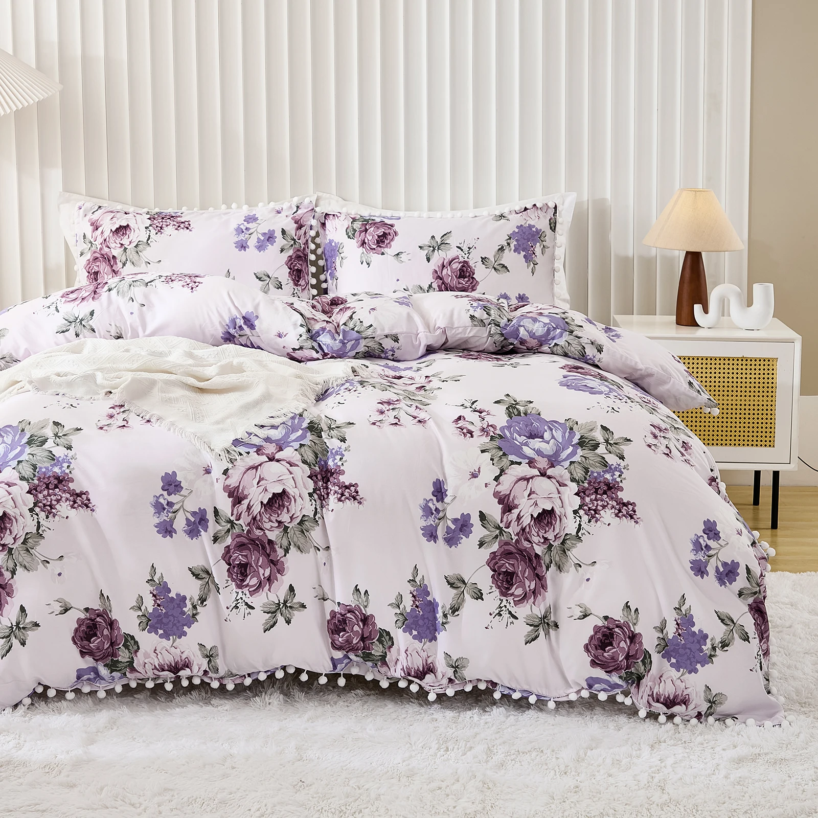 3PCS Pink And Purple Duvet Cover Set PomPom Comforter Cover Floral Bed set soft lightweight Down Bedding Set for All season