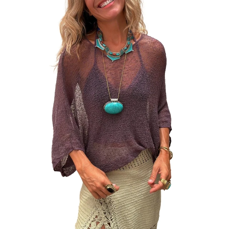 Blusa de punto transparente de manga larga para mujer, Top Sexy de ganchillo transparente para cubrir Bikini, chal protector solar, capa, traje de baño, suéter fino