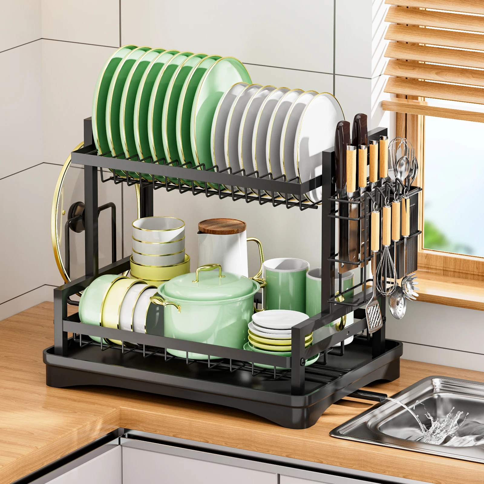 Égouttoir à vaisselle à 2 niveaux avec égouttoir intégré, tube antirouille 360° °   Supports rotatifs pour couverts et planches à découper, montage sans outils