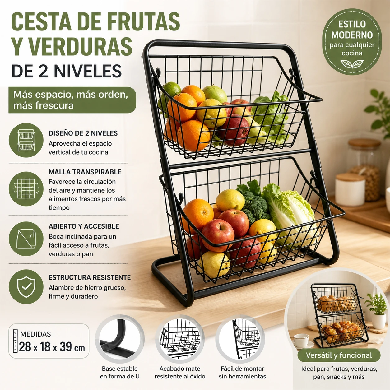 Panier de rangement de cuisine, étagère métallique à 2 niveaux avec grille respirante anti-rouille, ouverture inclinée pour organiser les fruits, légumes, pain et collations sur votre comptoir de cuisine et dans votre garde-manger.