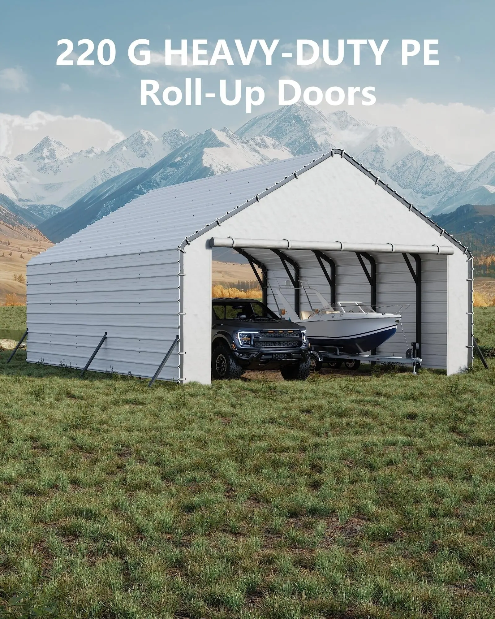 Door Panels with Zippers Tarp for Metal Carport 20x25 ft and 20x20 ft, 2 Pcs Door Panel with 40 Ball Bungees, White