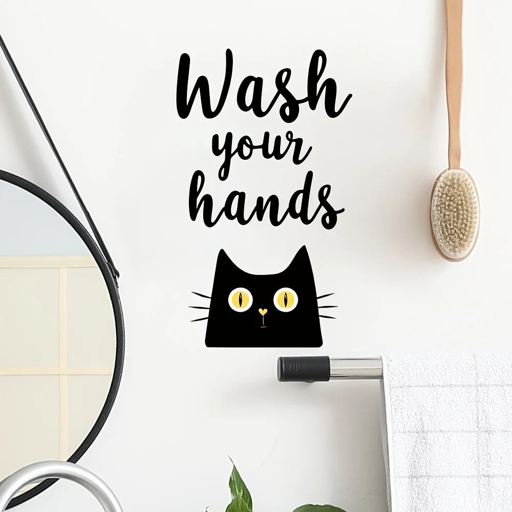 1Pc Cute Black Cat Hand-Washing Reminder Wall Sticker, Self-Adhesive Pvc Home Decor Sticker, Suitable for Kitchen, Dining Room, Bathroom, Washbasin, and Wall Decals, Easily Create a Warm and Fun Space, a Creative and Thoughtful Gift for Family, Friends, and Loved Ones