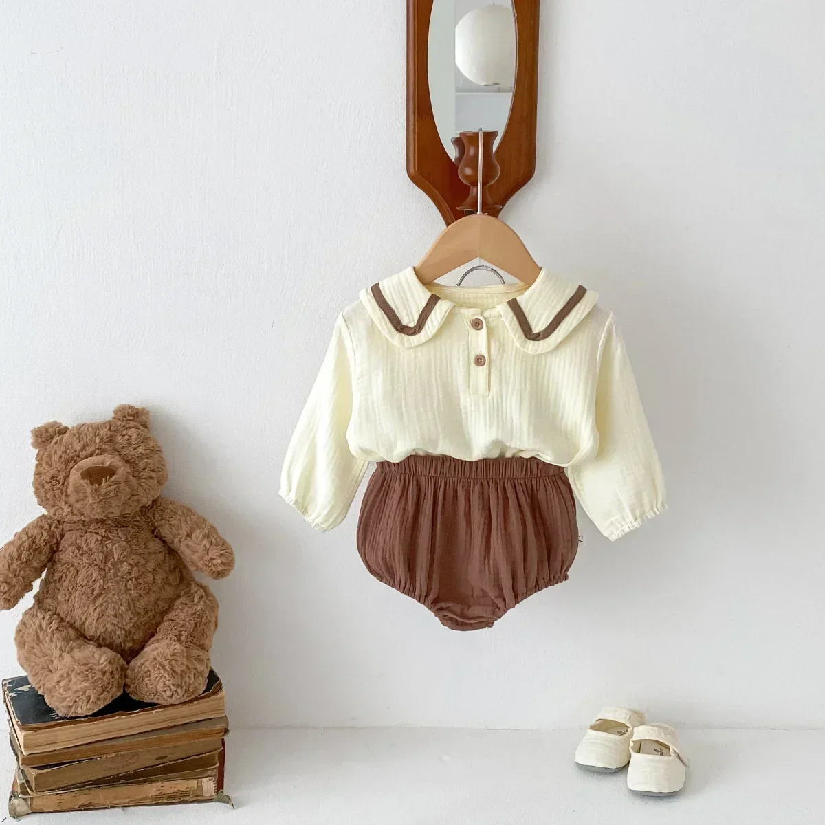 Nouveau-né bébé filles garçons automne manches longues col bleu marine haut t-shirts solide bas de pain infantile enfants pur coton vêtements ensemble 2 pièces