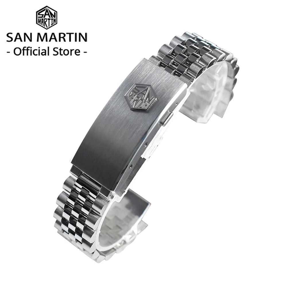 

San Martin 316L Stainless Steel 5 Links J Bracelet Watch Parts For 20mm Curved End Links Fly Adjustable Clasp For SN0008 SN0128