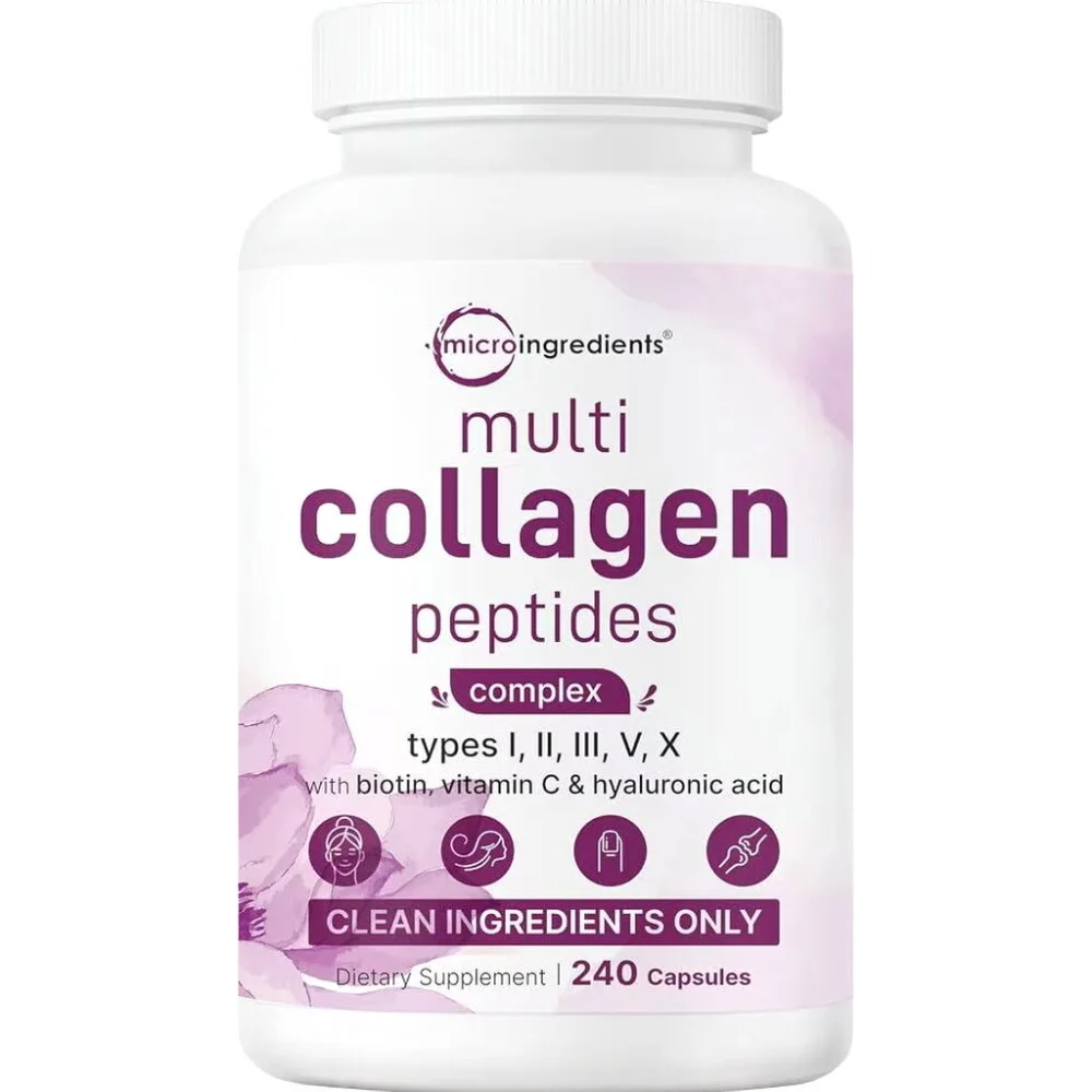 Micro-Ingredient Multi-Collagen Peptide Pills, 240 capsules. Suitable for both women and men. Type I, II, III, V, and X hydrolyzed collagen supplements, containing biotin, hyaluronic acid, and vitamin C, with no fillers.