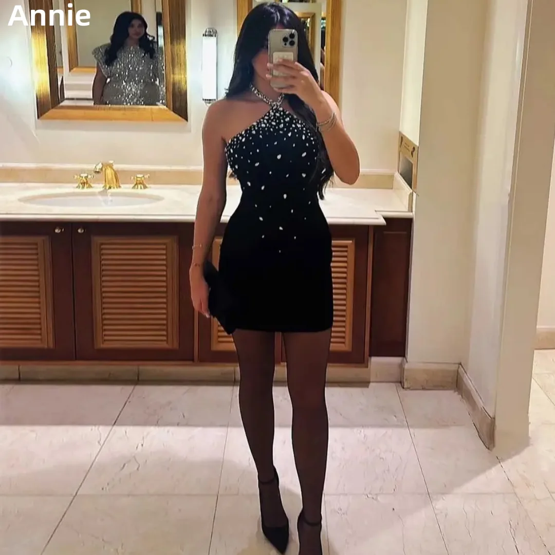 

Annie Handmade Beaded neck Ornament Prom Dresses Black Evening Dresses Sexy Mermaid Short Princess Robes De Soirée Customized