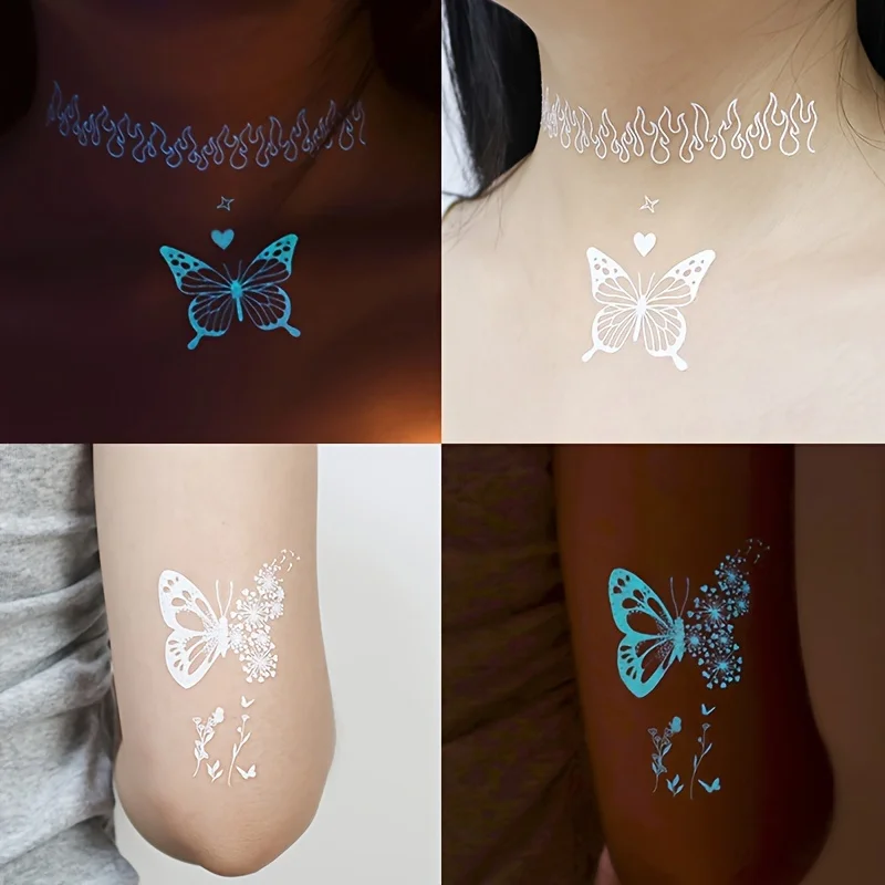 Large Blue Luminous Butterfly Tattoo Stickers For Women Glow In The Dark Waterproof Temporary Tattoo For Music Festival Party