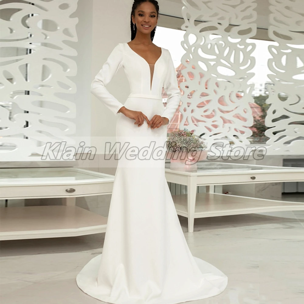 Customized Weilinsha Pure Ivory Elegant And Chic Mermaid Weding Dress Ladies Deep V-Neck Court Train Backless Long Sleeve Bridal