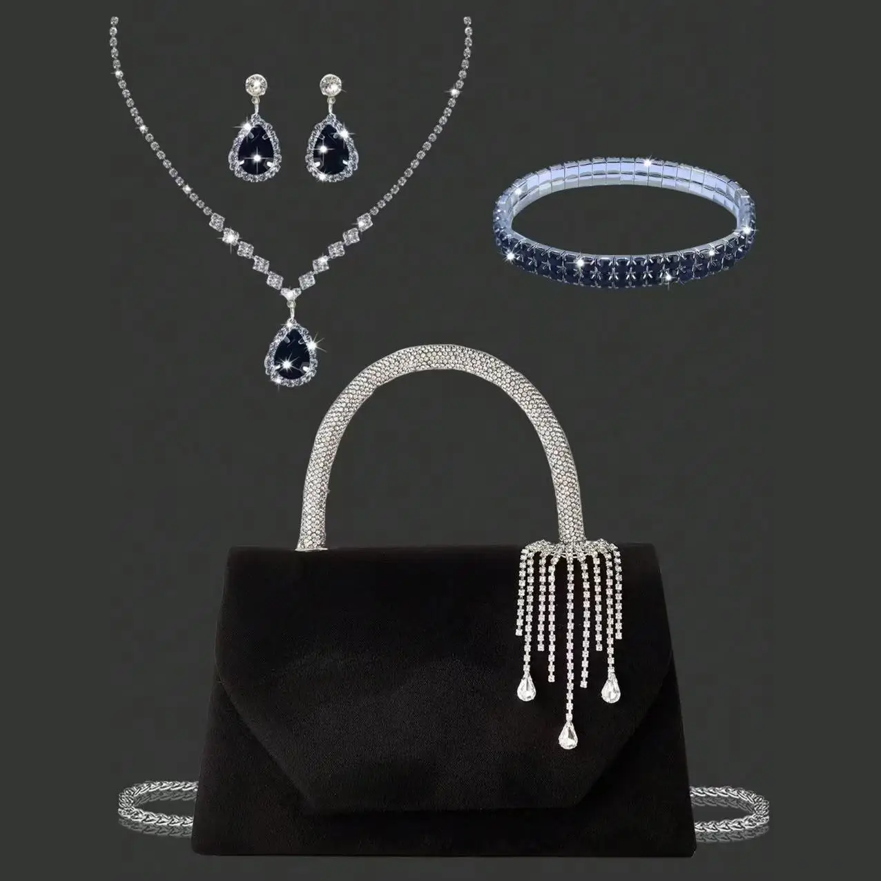 

A gorgeous and luxurious rhinestone tassel handbag evening bag paired with a beautiful jewelry set, perfect for gift giving.