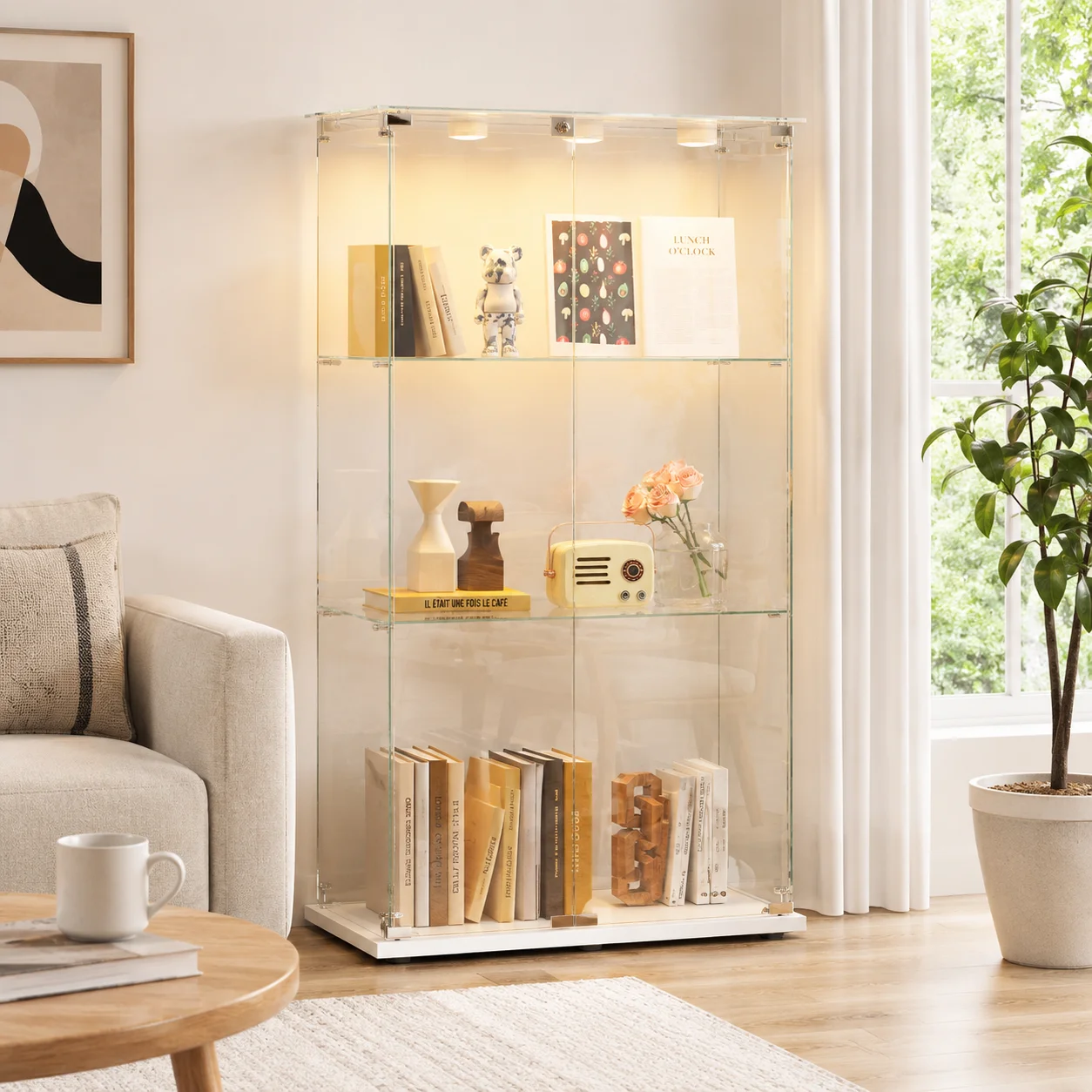 Vitrine en Verre, vitrine sur pied avec 2 portes et 3 niveaux, armoire d’exposition transparente, meuble vitrine collection verrouillable pour salon bureau couloir, figurines livres trophées objets déco maison moderne