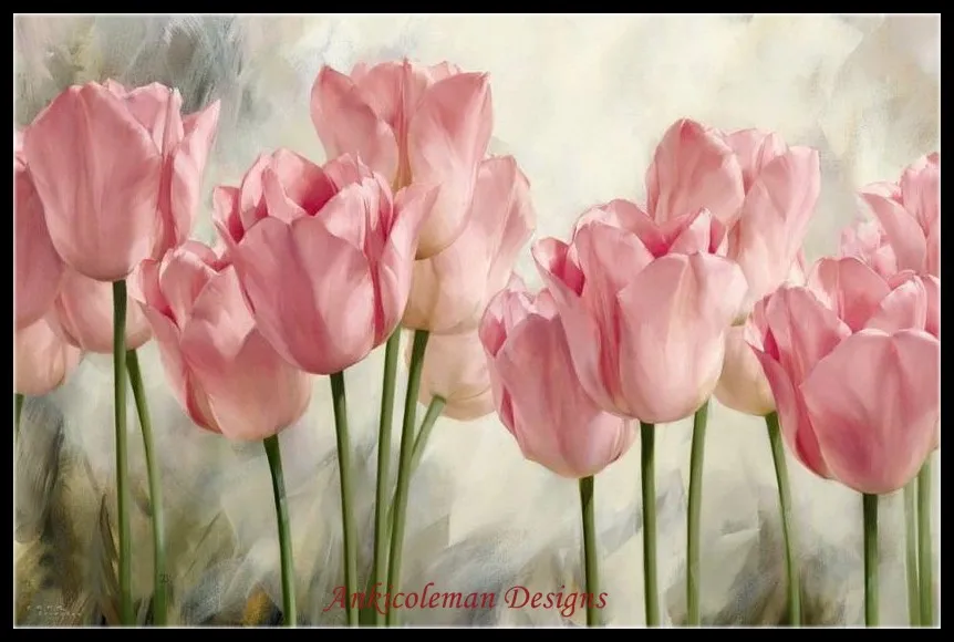 2024Pink Tulip Flowers - Counted Cross Stitch Kits - DIY Handmade Needlework Embroidery 14 CT Aida Sets DMC Color