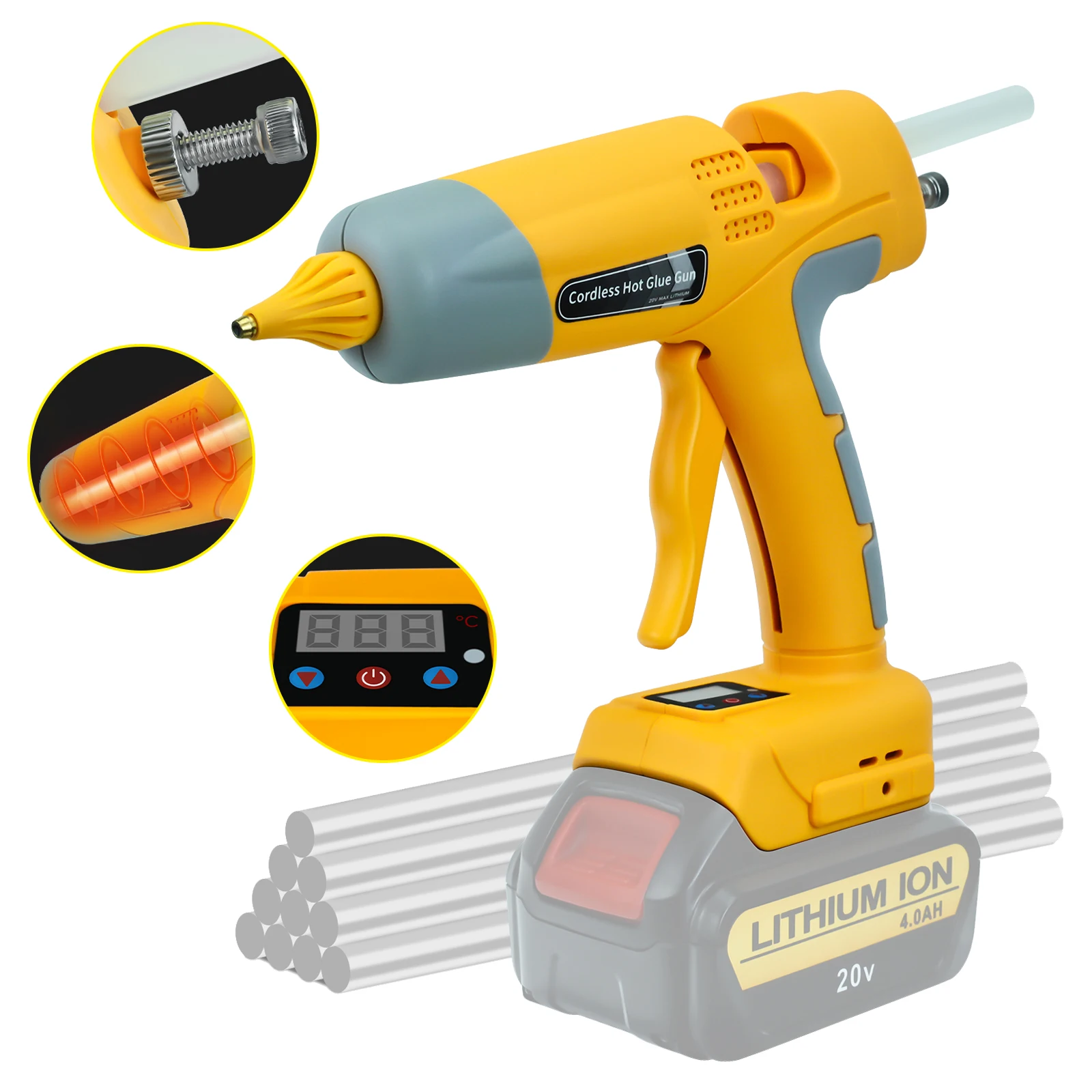 

100W Cordless Hot Melt Glue Gun for Dewalt 20V Li-ion Battery with 10pcs 11mm Sticks for Home Repair Arts & Crafts (No Battery)