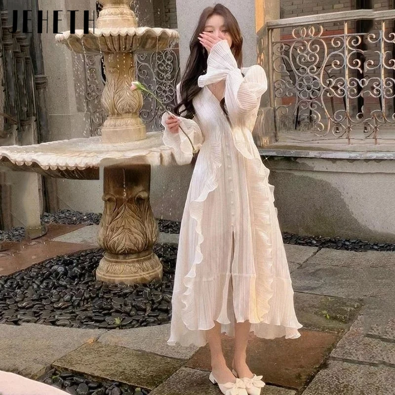 JEHETH Flare Sleeves A-Line Wedding Dresses Women Chiffon V-Neck Bridal Gowns Elegant Split Photography 웨딩드레스 Button Tea-Length