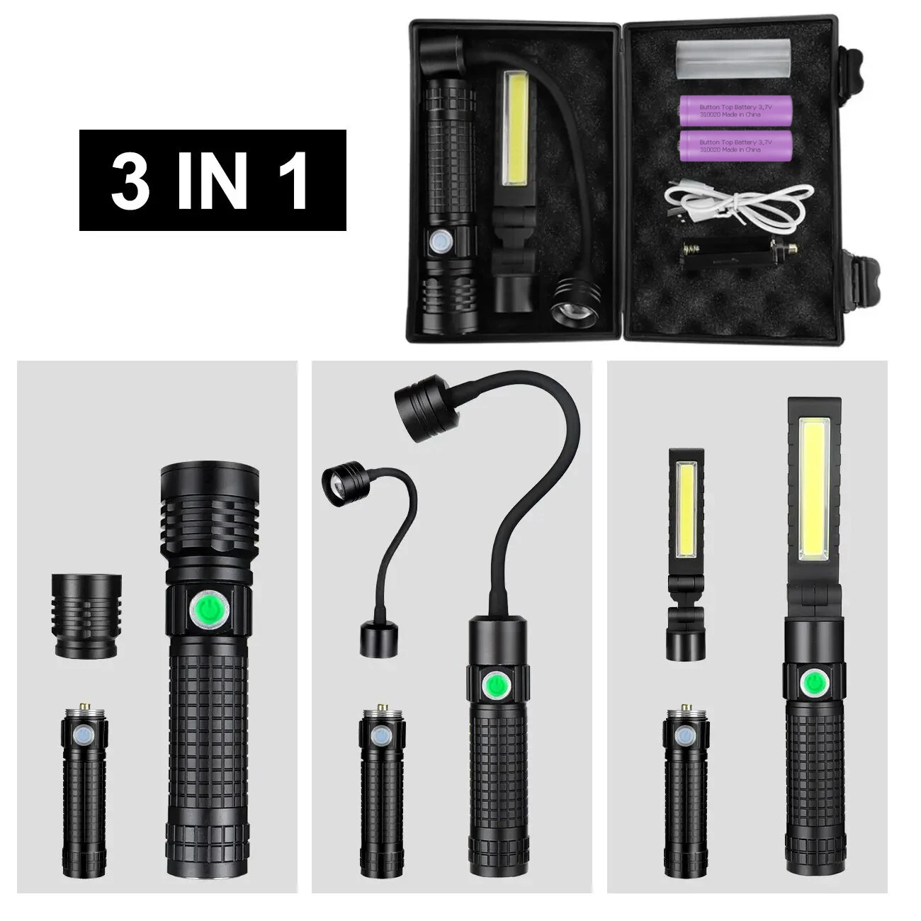 Skywolfeye 3-in-1 Magnetic LED COB Rechargeable USB Flashlight Work Light Flexible Torch Kit with Battery for Outdoor & Home Use