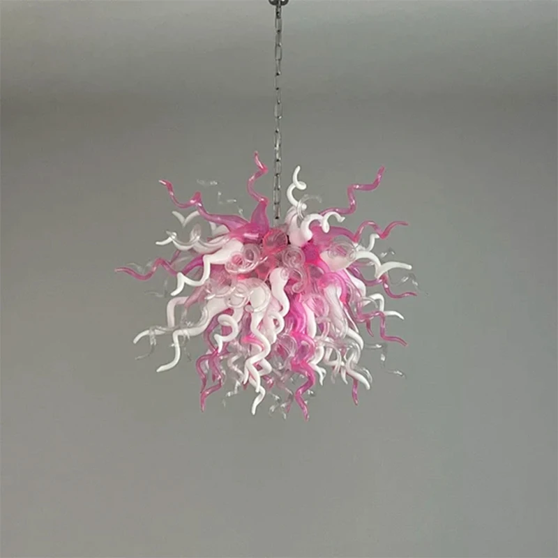 

Longree Glass Chandelier Pink Color Chihuly Style Handmade Blown Glass Hanging Chain Light Fixture for Home Bedroom Living Room