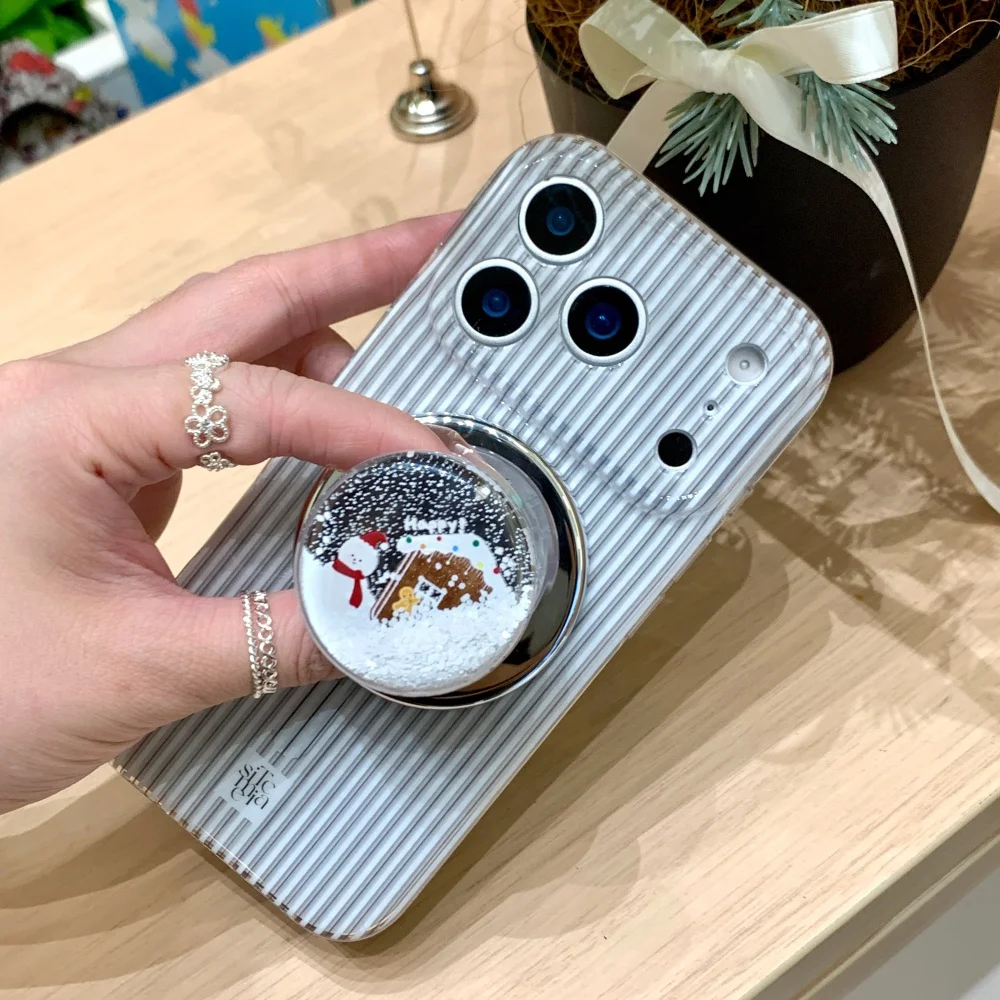

Fresh striped quicksand snowman house with magnetic holder mobile case, suitable for iPhone 14/15/16/17 Pro Max, protective case