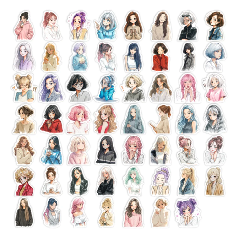 10/30/50PCS Hand-Painted Comic Girl Avatar Sticker PVC Material Creative DIY Refrigerator Envelope Scrapbook Waterproof Sticker.