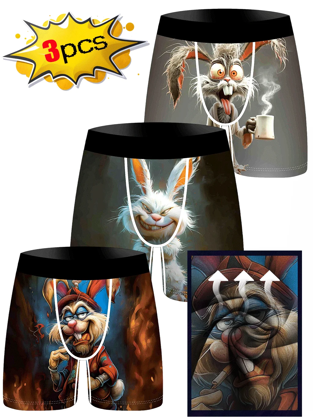 

3Pcs Men Underwear Boxers Cunning Rabbit Print Man Boxershorts Breathable Men's Panties Lingerie Men Boxer Briefs Underpants