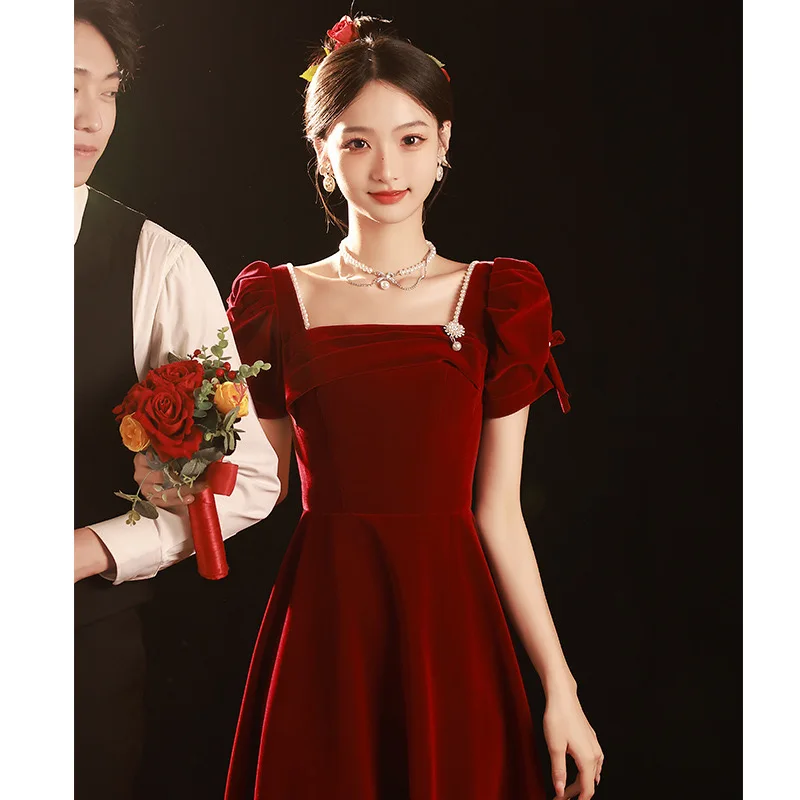 Toast dress bride new summer wine red engagement dress can be worn at ordinary times high-grade French style slim women