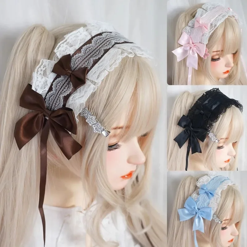 1 Pc Sweet Lolita Bowknot pokojówka nakrycie głowy potargane koronkowe nakrycie głowy z pałąkiem na głowę kobiety dziewczęta styl japoński krzyżowe wstążki nakrycia głowy — zdjęcie 2