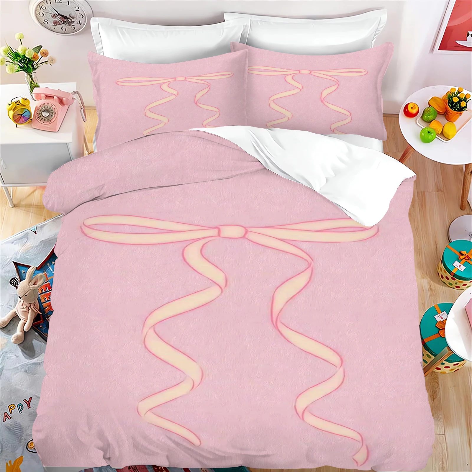 

Cute Bow Cartoon Anime Duvet Cover Set Kawaii Holiday Gifts Quilt Covers Pillowcase Set Kids Bedding Set Decor Queen King Size