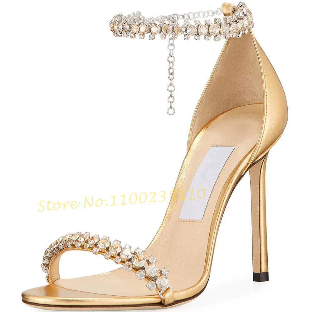 Crystal Ankle Wrap Heels Sandals Female Full Drill Chain Bling Stiletto High Heels Evening Shoes Women Luxury Summer Trend Shoes