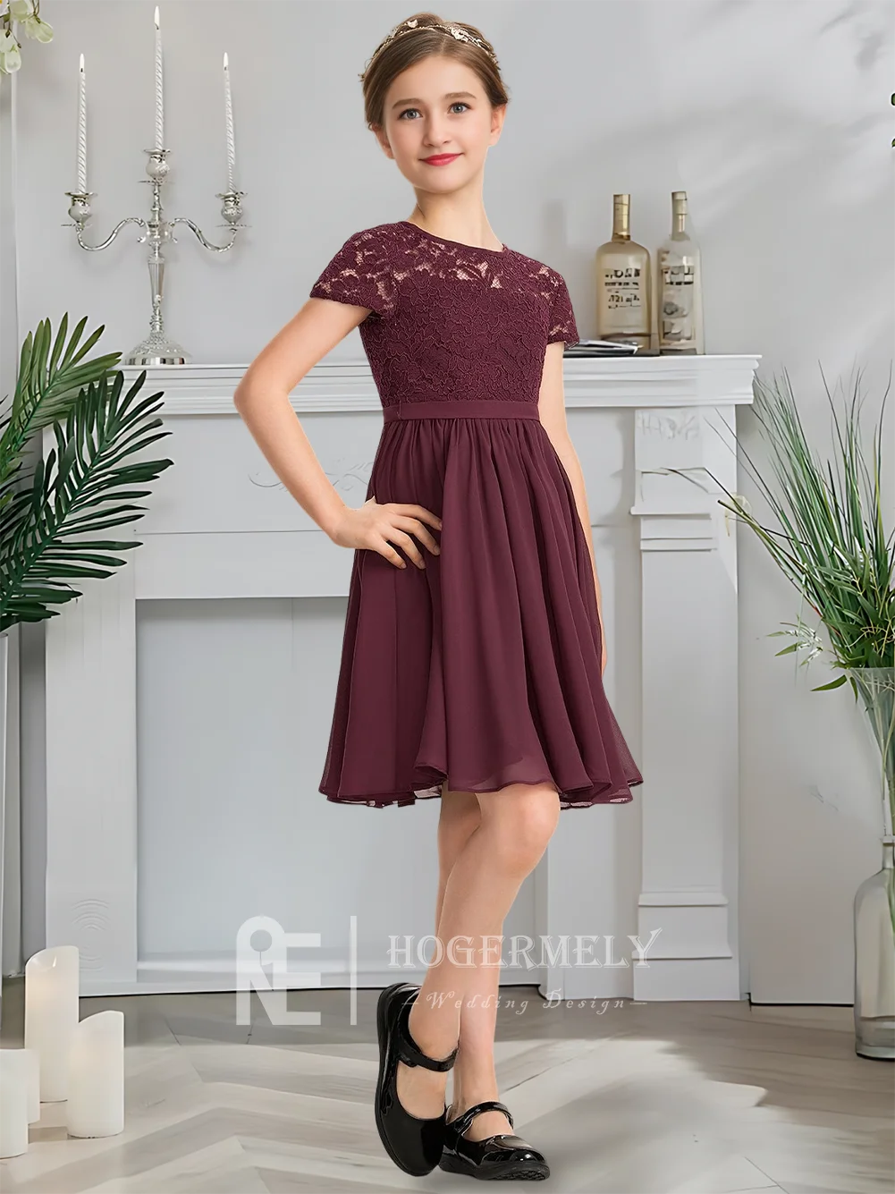 

A Scoop Neck Junior Bridesmaid Dress Merlot Flower Girl Dress Knee-Length Chiffon Lace With Cascading Bow Wedding Party