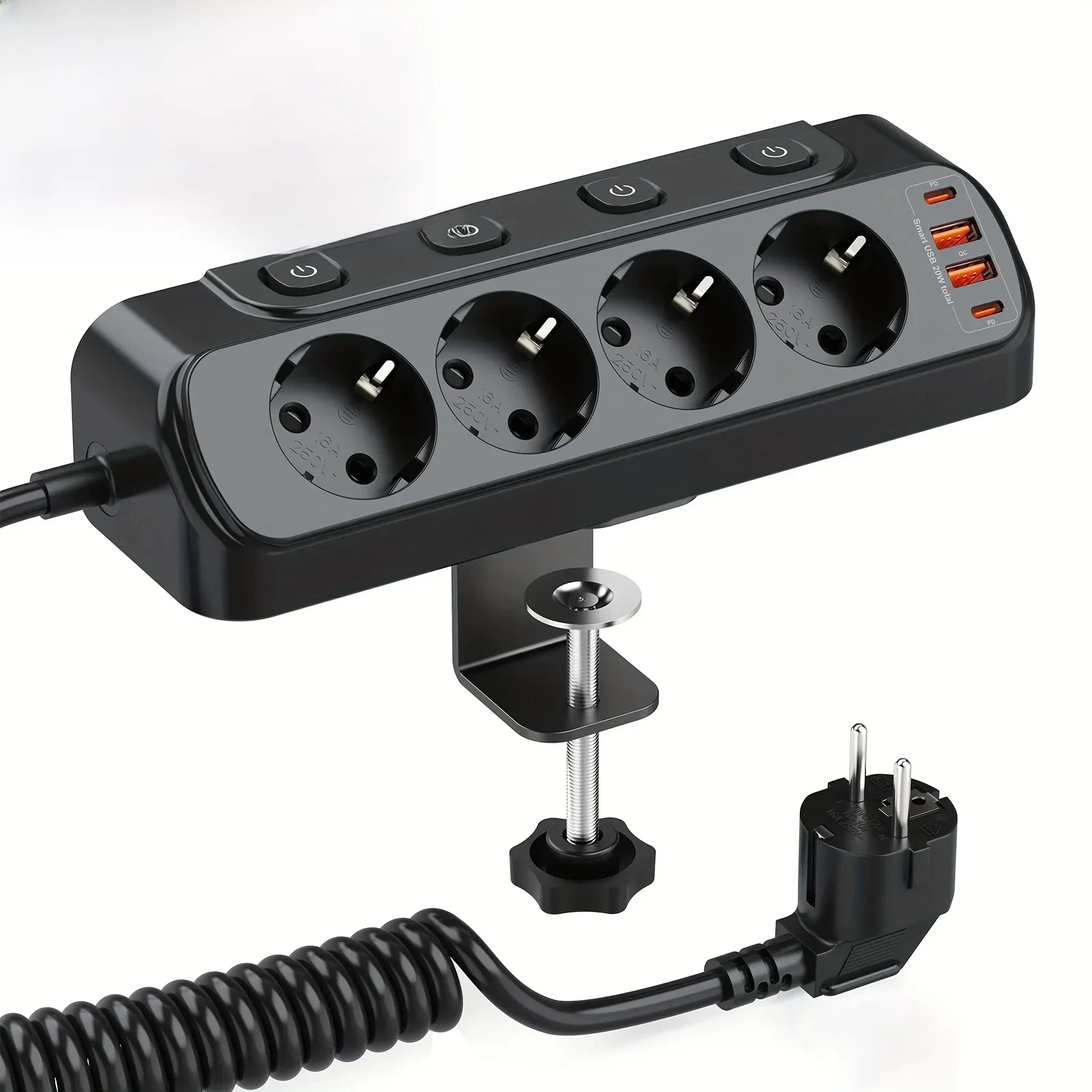 Europese stijl 4-voudige stekkerdoos met snelladen, Pd20W, 2U2C onafhankelijke schakelaars, veiligheidsclip en 2m flexibele spiraalkabel (1,5mm²) - een compacte, efficiënte en veilige - afbeelding 2